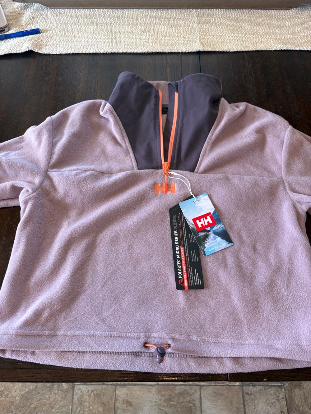 Helly Hansen Lavender Half-Zip Fleece with Dark Gray Collar and Orange Accents